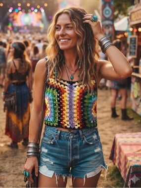 NWT Granny Square Crocheted Crop Top Tank Top Festival Wear Size M / L